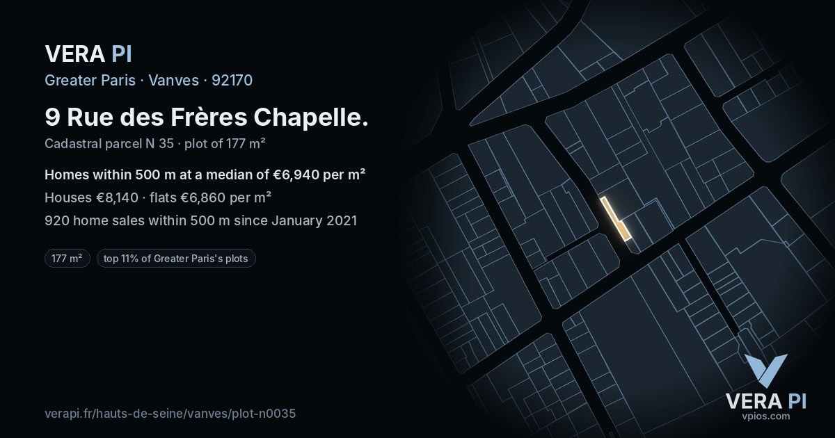9 Rue des Frères Chapelle, Vanves at night – the plot lit, the parcels around coloured by the prices near them
