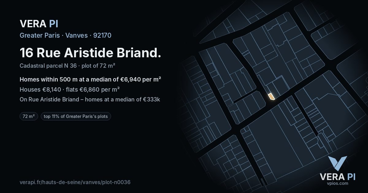 16 Rue Aristide Briand, Vanves at night – the plot lit, the parcels around coloured by the prices near them