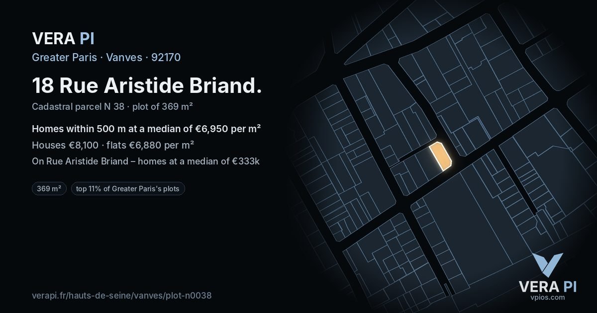 18 Rue Aristide Briand, Vanves at night – the plot lit, the parcels around coloured by the prices near them