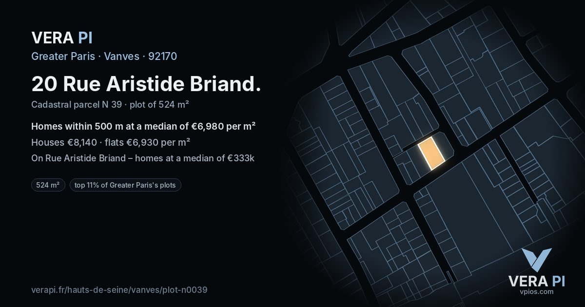 20 Rue Aristide Briand, Vanves at night – the plot lit, the parcels around coloured by the prices near them