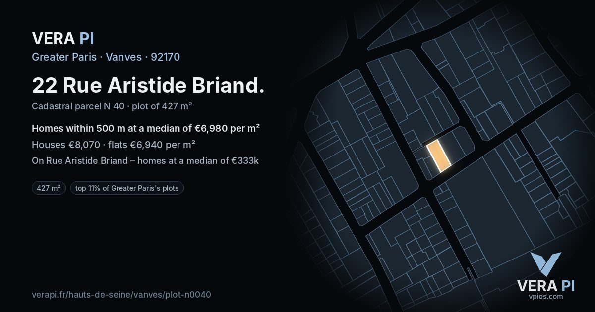 22 Rue Aristide Briand, Vanves at night – the plot lit, the parcels around coloured by the prices near them