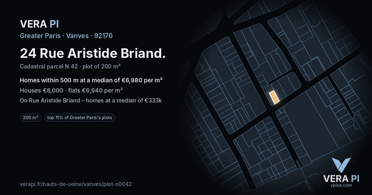 24 Rue Aristide Briand, Vanves at night – the plot lit, the parcels around coloured by the prices near them