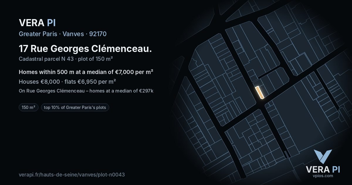 17 Rue Georges Clémenceau, Vanves at night – the plot lit, the parcels around coloured by the prices near them