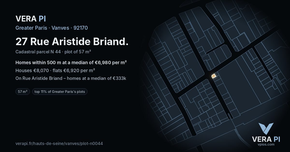 27 Rue Aristide Briand, Vanves at night – the plot lit, the parcels around coloured by the prices near them
