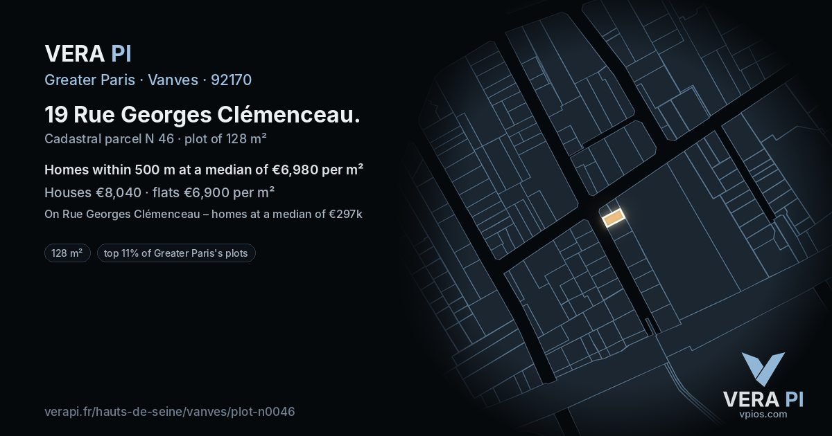 19 Rue Georges Clémenceau, Vanves at night – the plot lit, the parcels around coloured by the prices near them