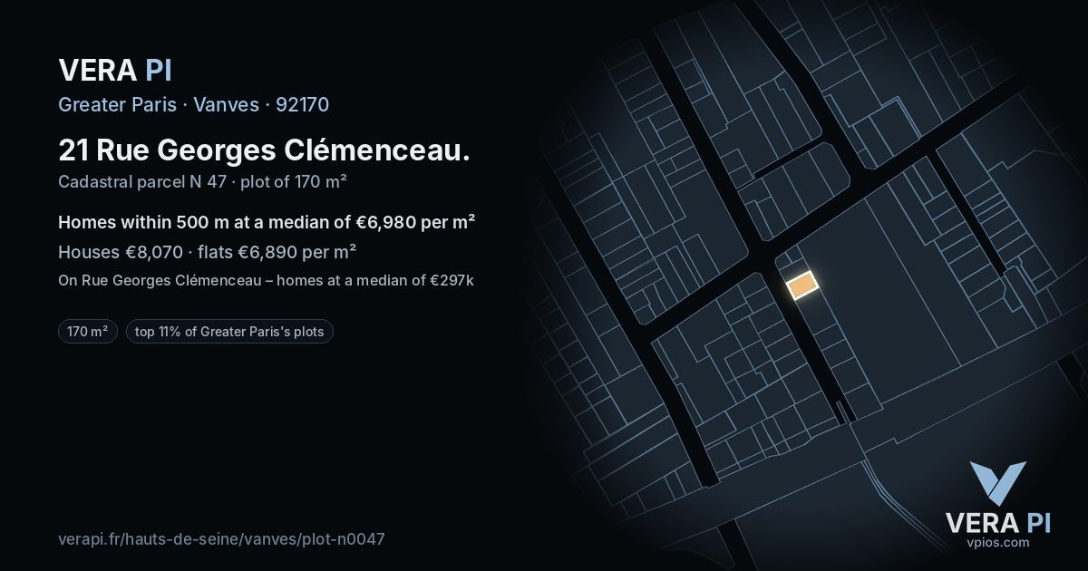 21 Rue Georges Clémenceau, Vanves at night – the plot lit, the parcels around coloured by the prices near them