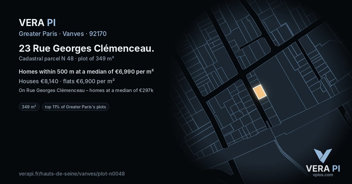 23 Rue Georges Clémenceau, Vanves at night – the plot lit, the parcels around coloured by the prices near them