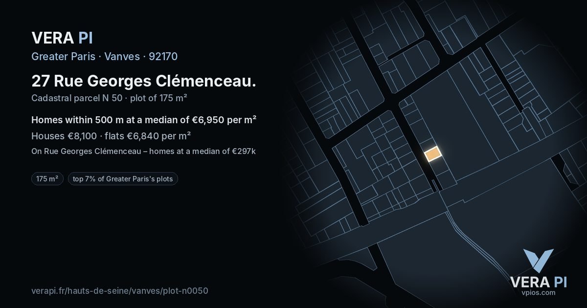 27 Rue Georges Clémenceau, Vanves at night – the plot lit, the parcels around coloured by the prices near them