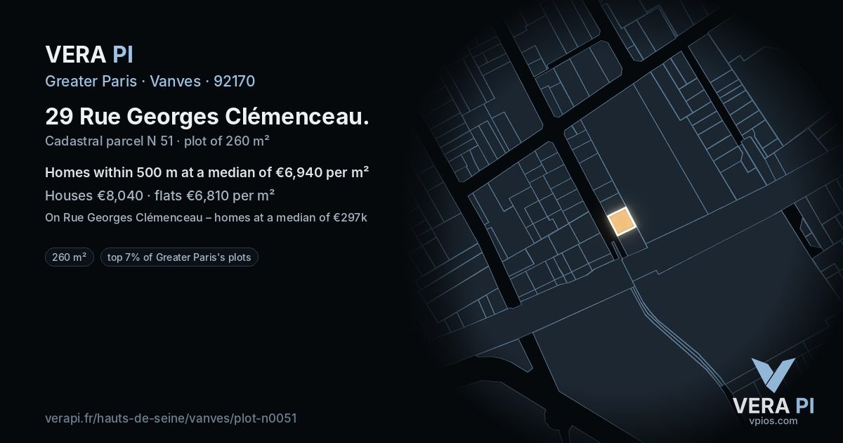 29 Rue Georges Clémenceau, Vanves at night – the plot lit, the parcels around coloured by the prices near them