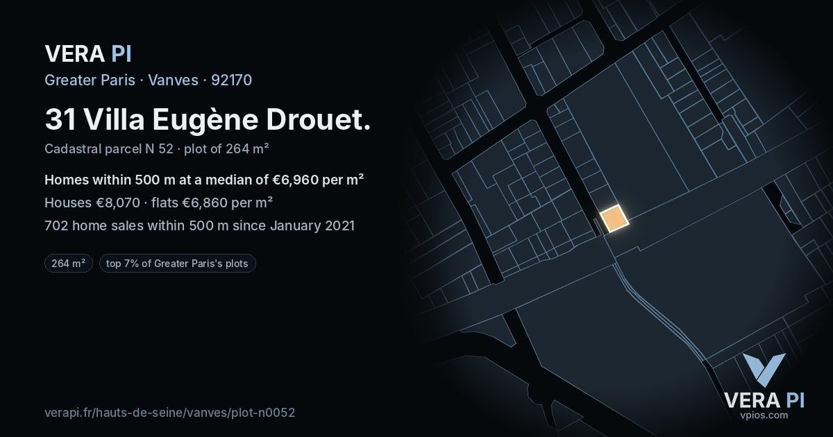 31 Villa Eugène Drouet, Vanves at night – the plot lit, the parcels around coloured by the prices near them