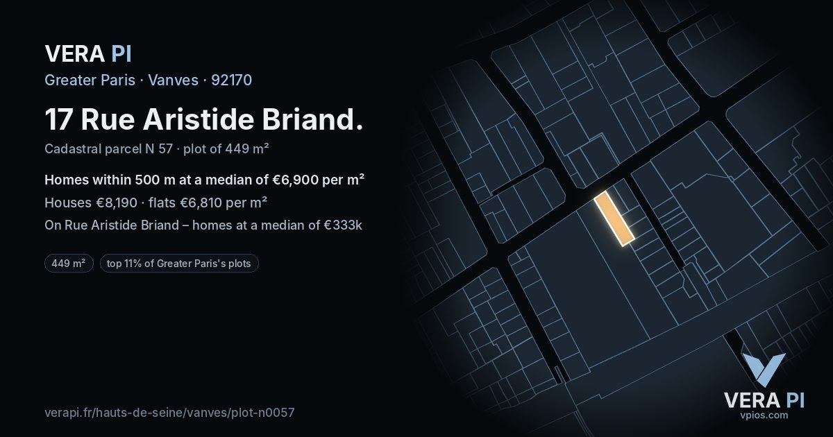 17 Rue Aristide Briand, Vanves at night – the plot lit, the parcels around coloured by the prices near them