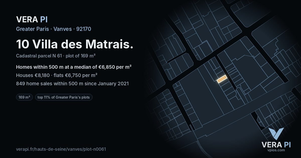 10 Villa des Matrais, Vanves at night – the plot lit, the parcels around coloured by the prices near them