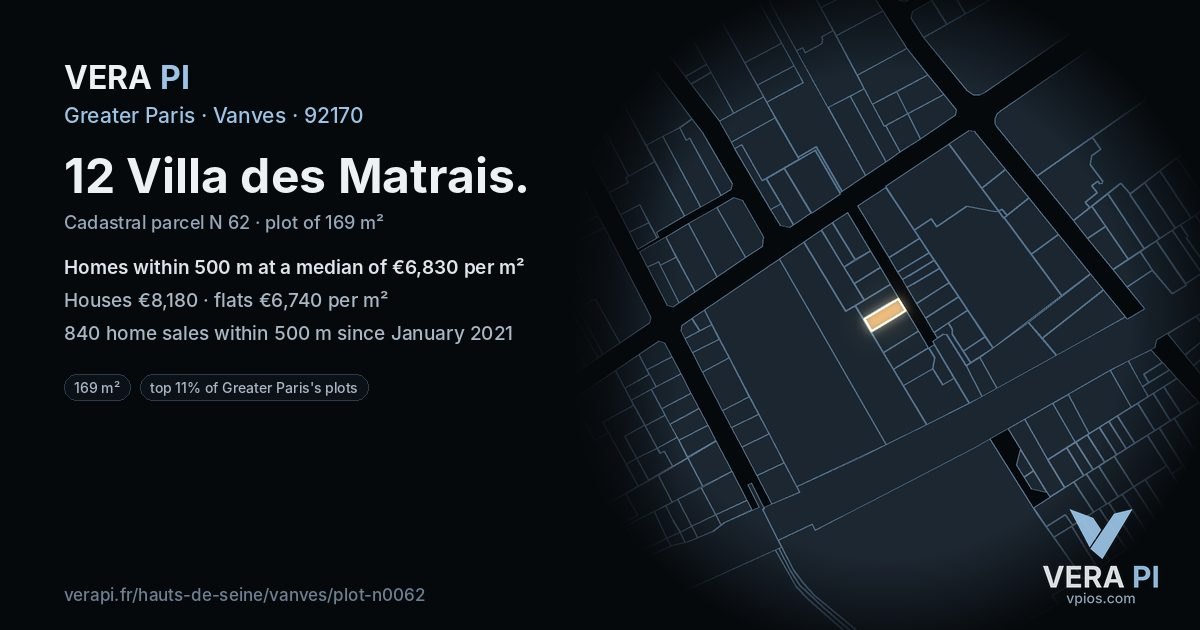 12 Villa des Matrais, Vanves at night – the plot lit, the parcels around coloured by the prices near them