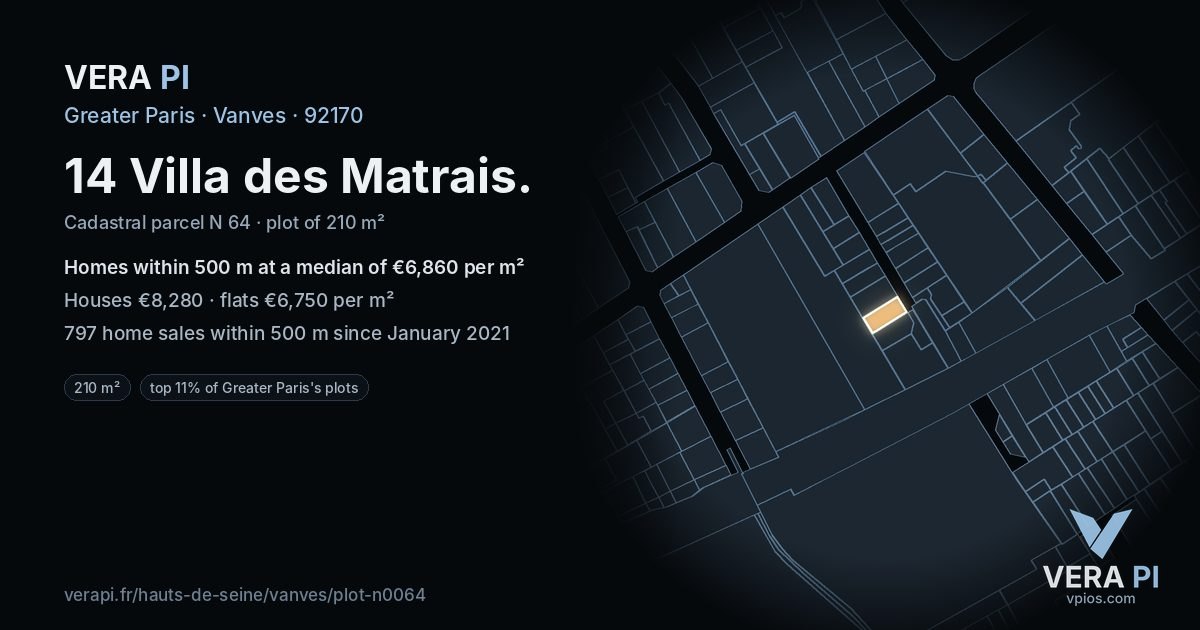 14 Villa des Matrais, Vanves at night – the plot lit, the parcels around coloured by the prices near them