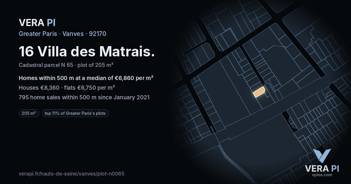 16 Villa des Matrais, Vanves at night – the plot lit, the parcels around coloured by the prices near them