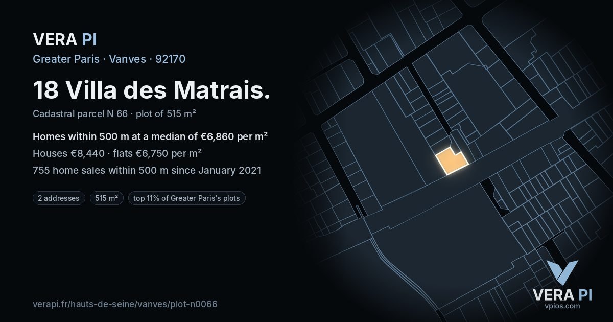 18 Villa des Matrais, Vanves at night – the plot lit, the parcels around coloured by the prices near them
