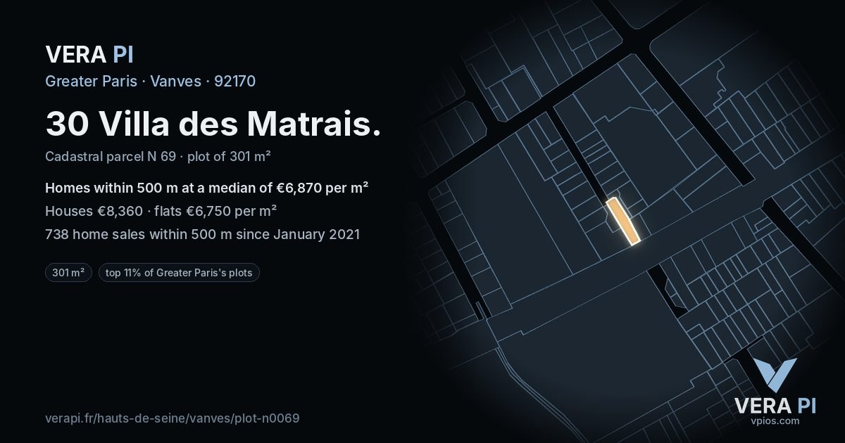 30 Villa des Matrais, Vanves at night – the plot lit, the parcels around coloured by the prices near them
