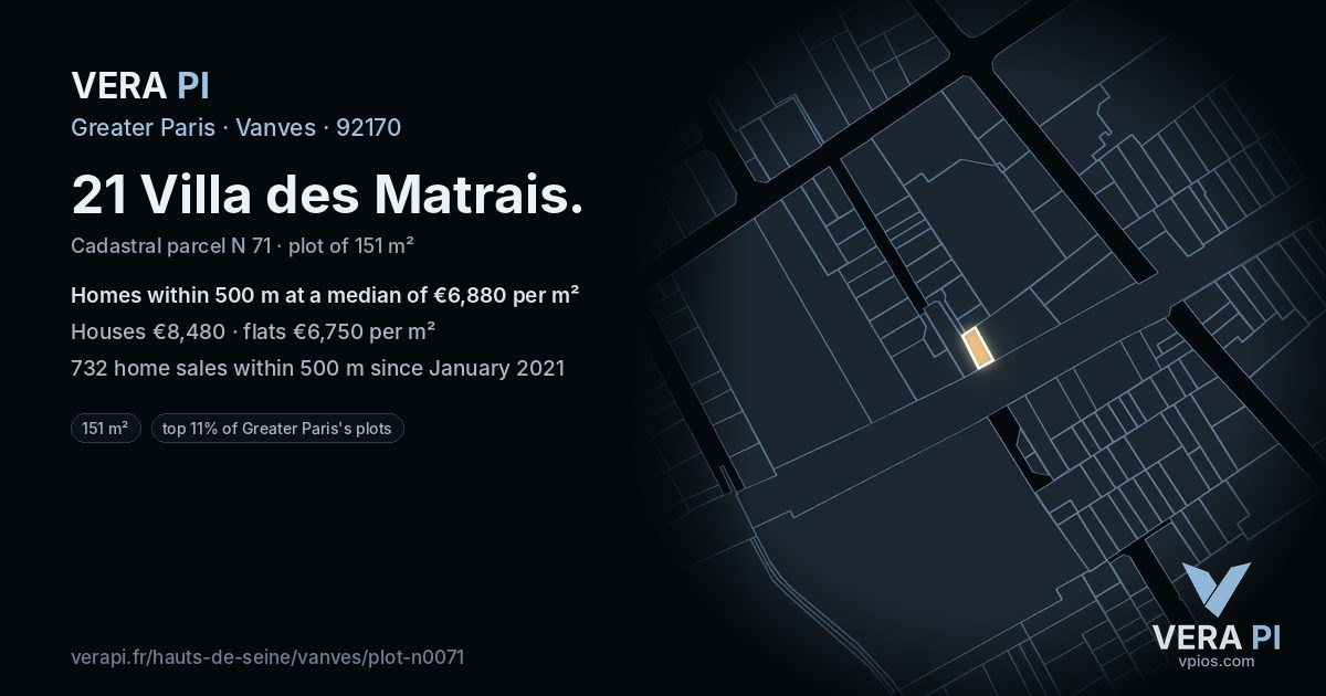 21 Villa des Matrais, Vanves at night – the plot lit, the parcels around coloured by the prices near them