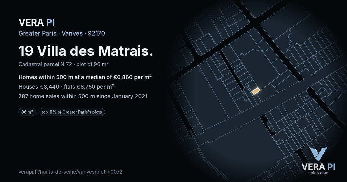 19 Villa des Matrais, Vanves at night – the plot lit, the parcels around coloured by the prices near them