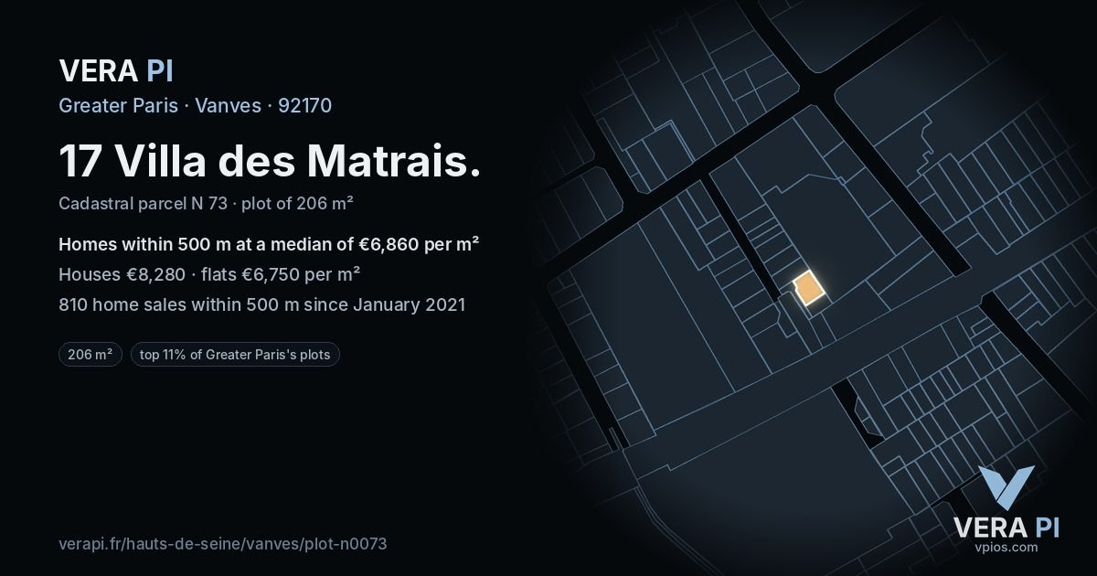 17 Villa des Matrais, Vanves at night – the plot lit, the parcels around coloured by the prices near them