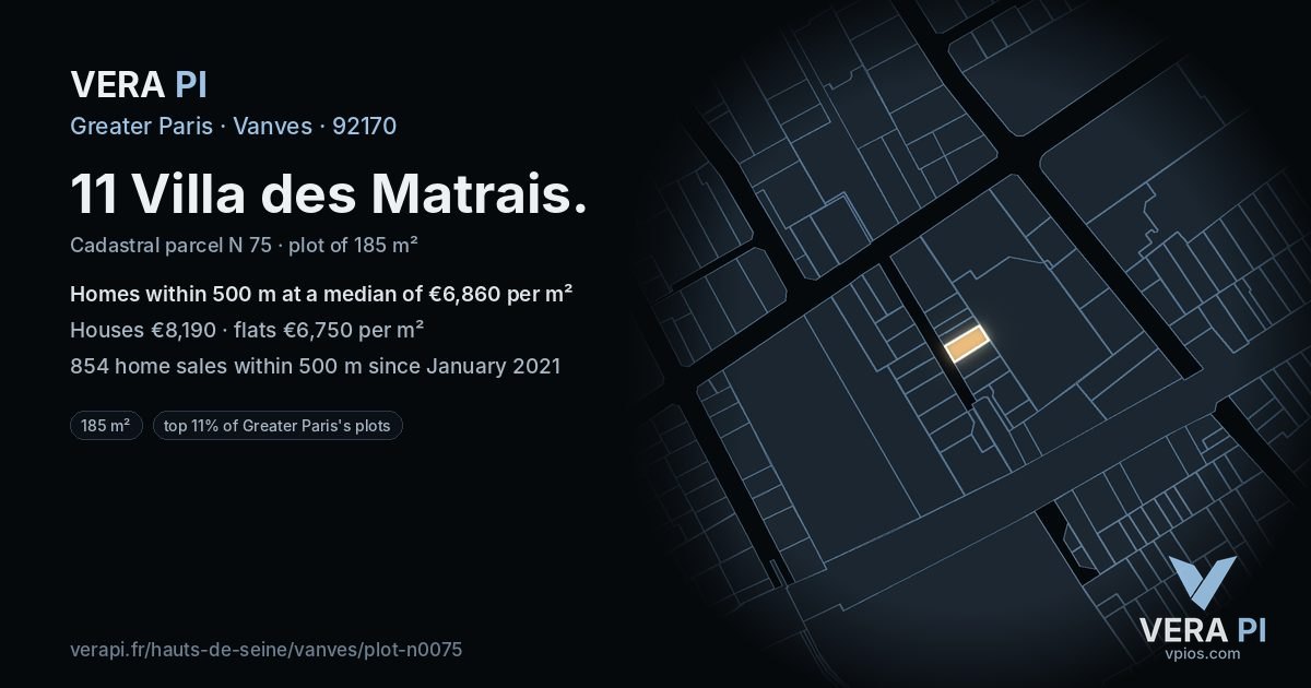 11 Villa des Matrais, Vanves at night – the plot lit, the parcels around coloured by the prices near them
