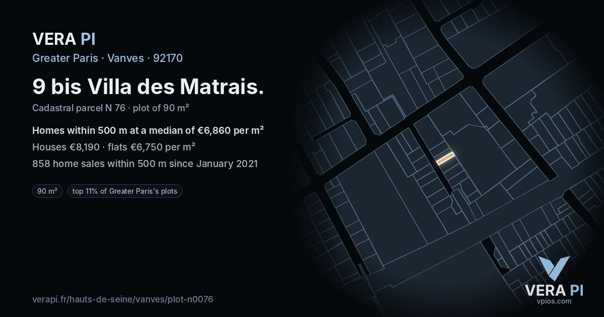 9 bis Villa des Matrais, Vanves at night – the plot lit, the parcels around coloured by the prices near them