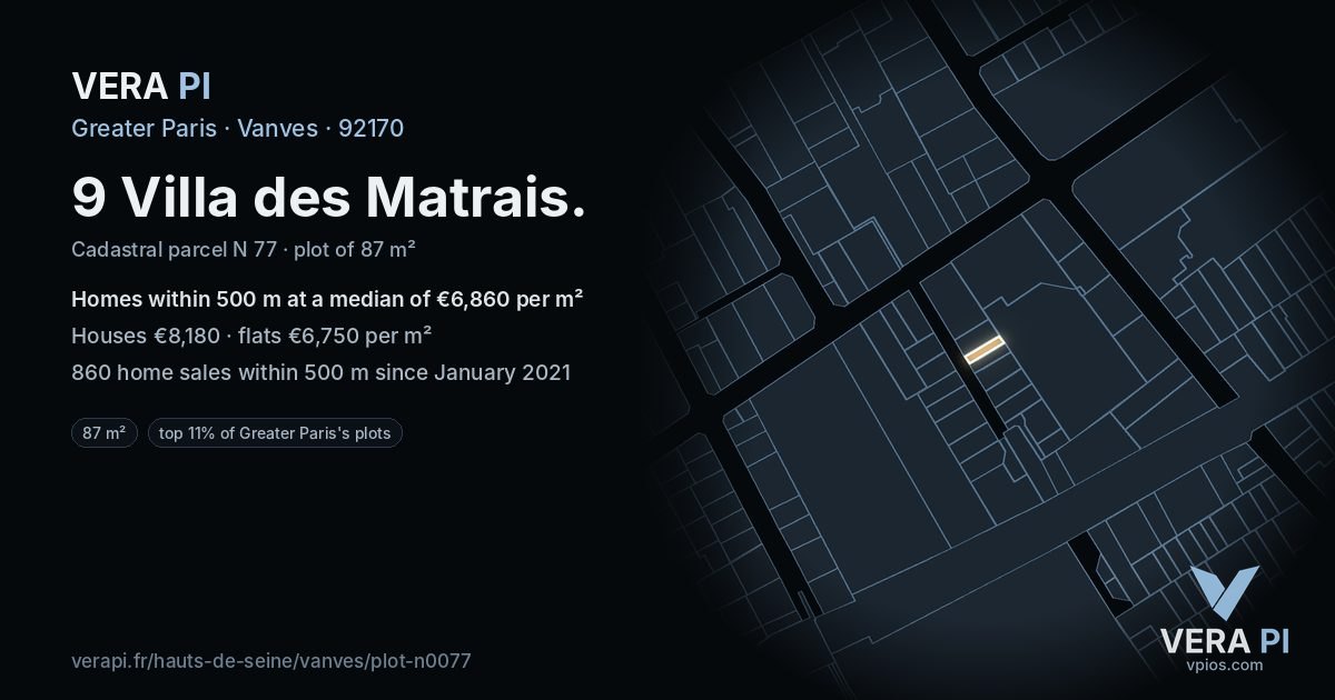 9 Villa des Matrais, Vanves at night – the plot lit, the parcels around coloured by the prices near them