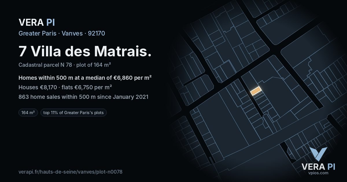7 Villa des Matrais, Vanves at night – the plot lit, the parcels around coloured by the prices near them