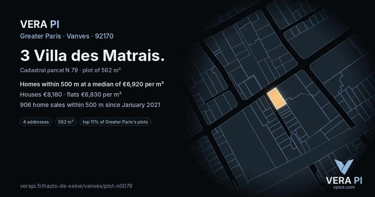 3 Villa des Matrais, Vanves at night – the plot lit, the parcels around coloured by the prices near them