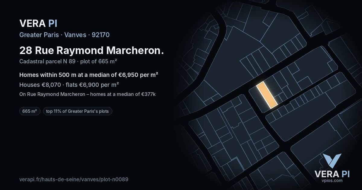 28 Rue Raymond Marcheron, Vanves at night – the plot lit, the parcels around coloured by the prices near them