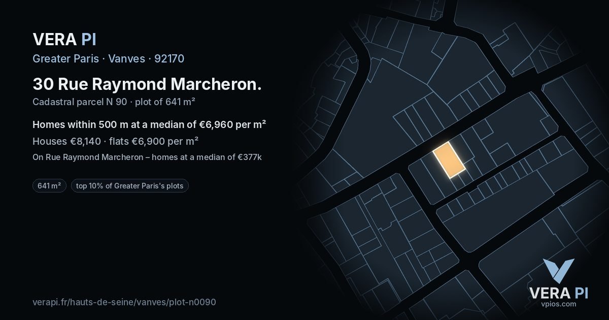 30 Rue Raymond Marcheron, Vanves at night – the plot lit, the parcels around coloured by the prices near them