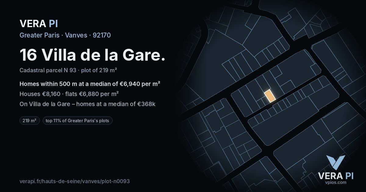 16 Villa de la Gare, Vanves at night – the plot lit, the parcels around coloured by the prices near them