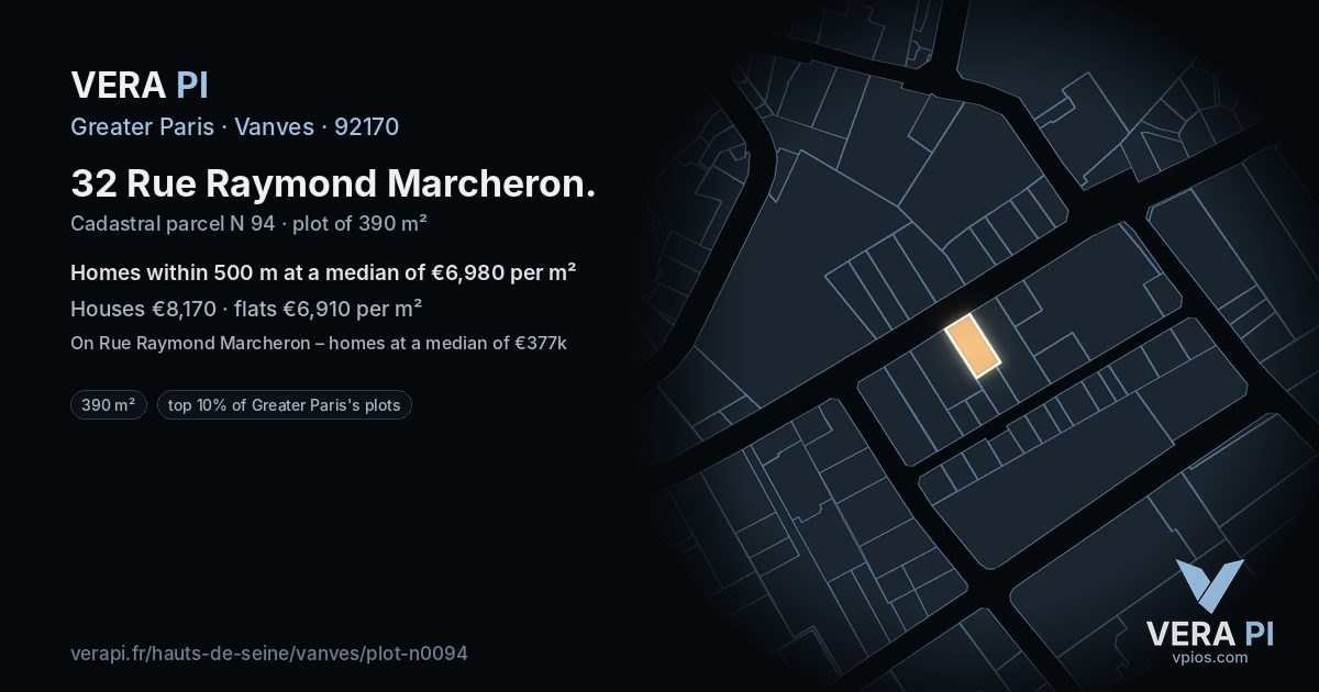 32 Rue Raymond Marcheron, Vanves at night – the plot lit, the parcels around coloured by the prices near them