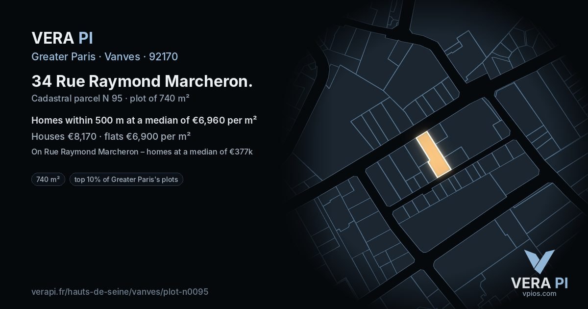 34 Rue Raymond Marcheron, Vanves at night – the plot lit, the parcels around coloured by the prices near them