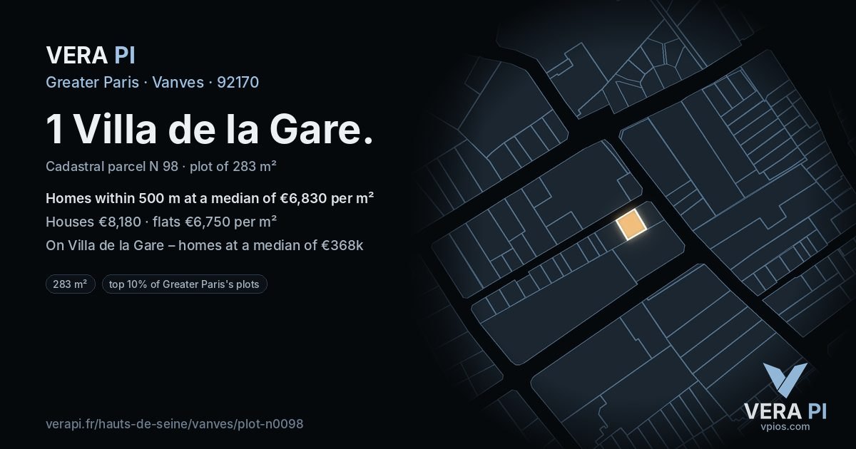1 Villa de la Gare, Vanves at night – the plot lit, the parcels around coloured by the prices near them