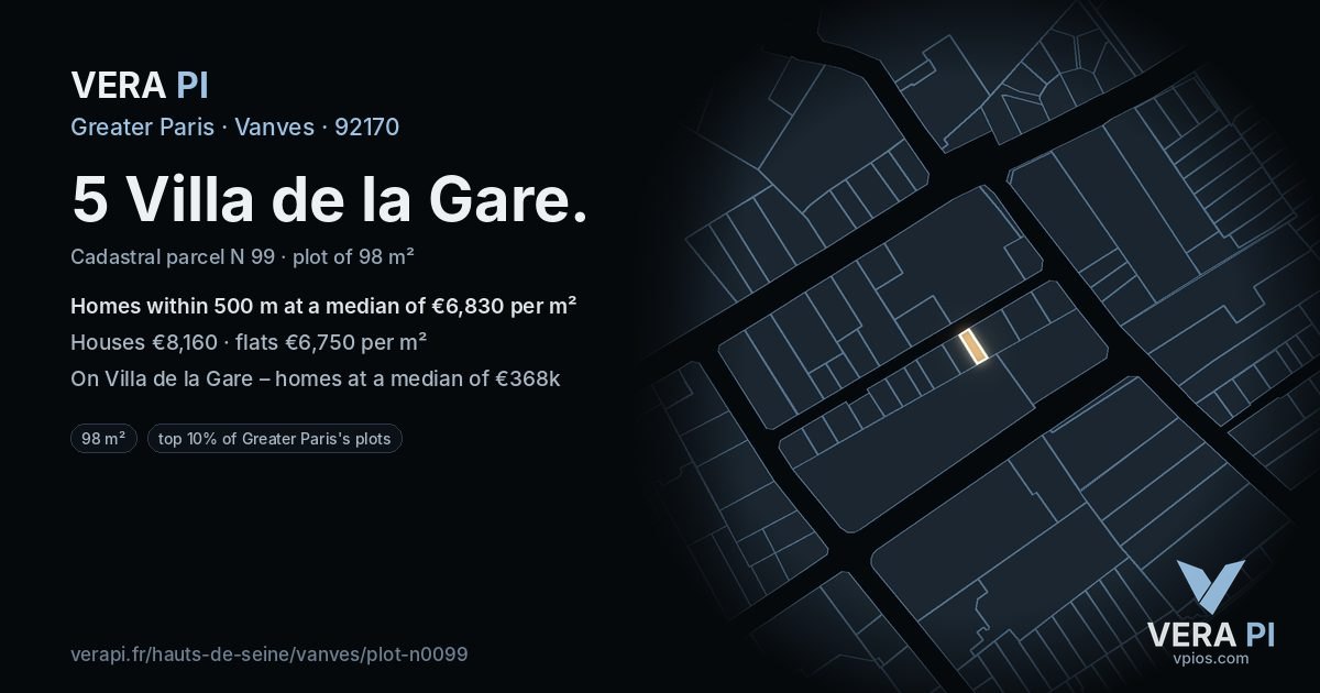 5 Villa de la Gare, Vanves at night – the plot lit, the parcels around coloured by the prices near them