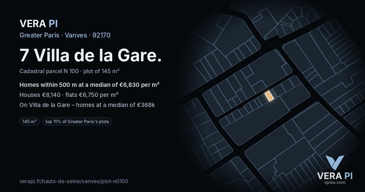 7 Villa de la Gare, Vanves at night – the plot lit, the parcels around coloured by the prices near them