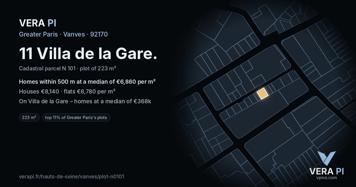 11 Villa de la Gare, Vanves at night – the plot lit, the parcels around coloured by the prices near them