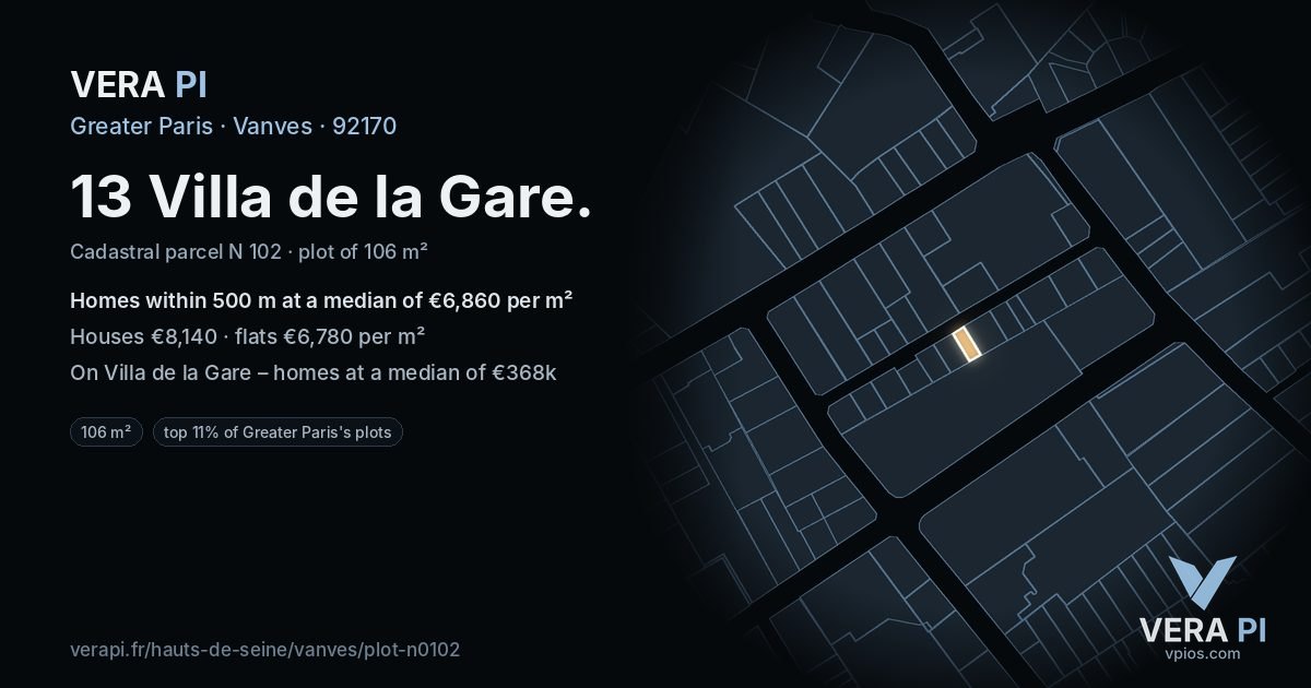 13 Villa de la Gare, Vanves at night – the plot lit, the parcels around coloured by the prices near them