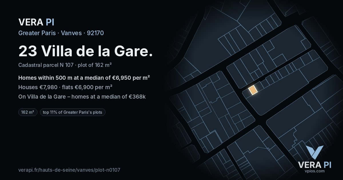 23 Villa de la Gare, Vanves at night – the plot lit, the parcels around coloured by the prices near them