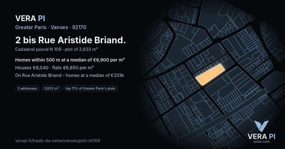 2 bis Rue Aristide Briand, Vanves at night – the plot lit, the parcels around coloured by the prices near them