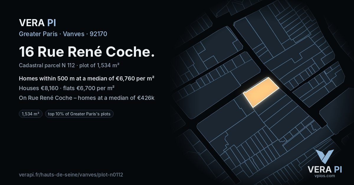 16 Rue René Coche, Vanves at night – the plot lit, the parcels around coloured by the prices near them