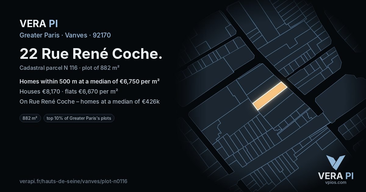 22 Rue René Coche, Vanves at night – the plot lit, the parcels around coloured by the prices near them