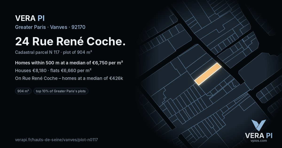 24 Rue René Coche, Vanves at night – the plot lit, the parcels around coloured by the prices near them