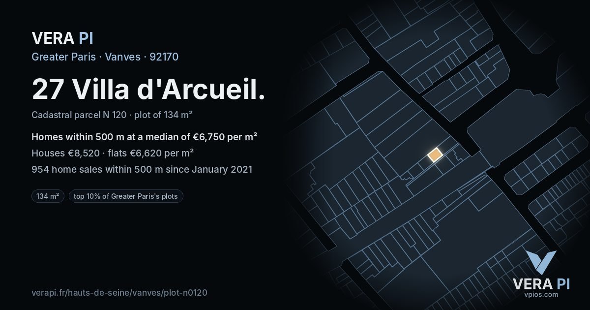 27 Villa d'Arcueil, Vanves at night – the plot lit, the parcels around coloured by the prices near them