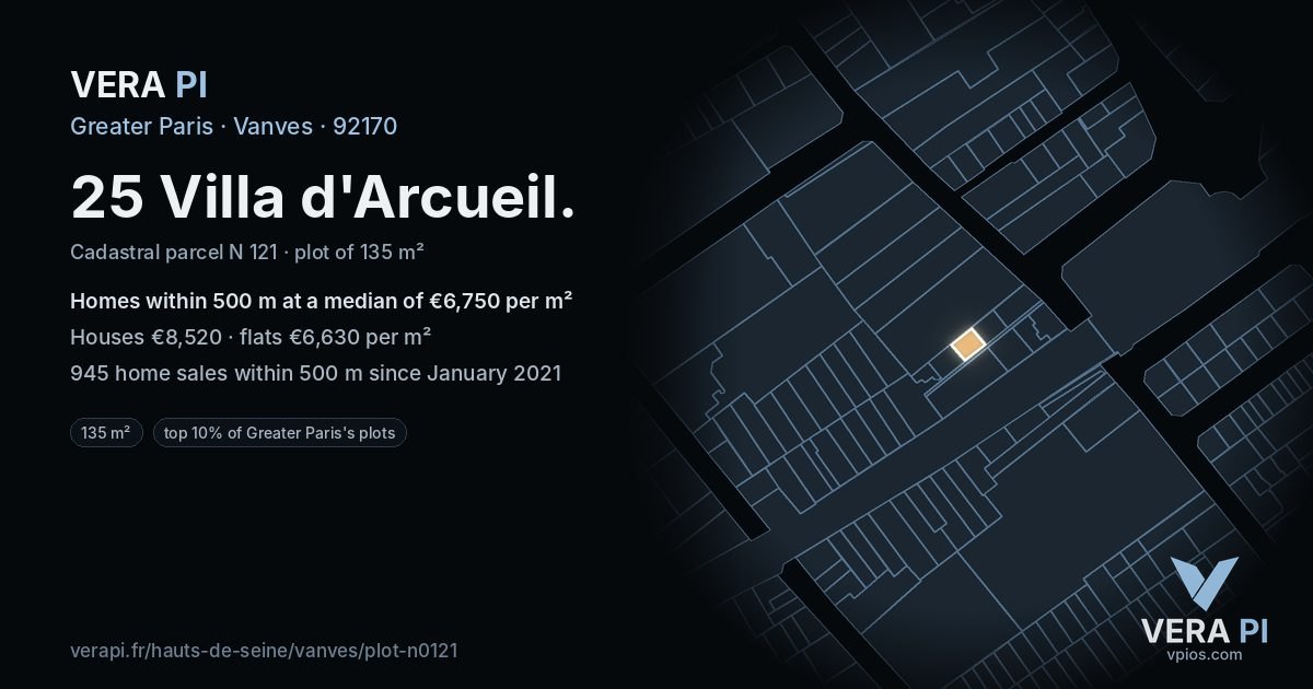 25 Villa d'Arcueil, Vanves at night – the plot lit, the parcels around coloured by the prices near them