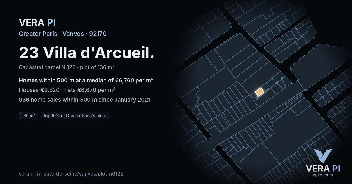 23 Villa d'Arcueil, Vanves at night – the plot lit, the parcels around coloured by the prices near them
