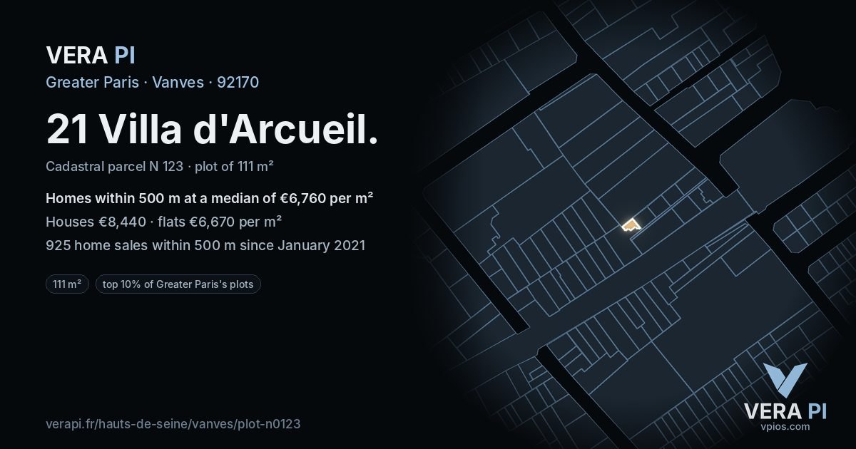 21 Villa d'Arcueil, Vanves at night – the plot lit, the parcels around coloured by the prices near them