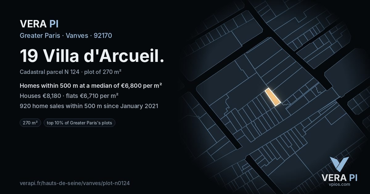 19 Villa d'Arcueil, Vanves at night – the plot lit, the parcels around coloured by the prices near them