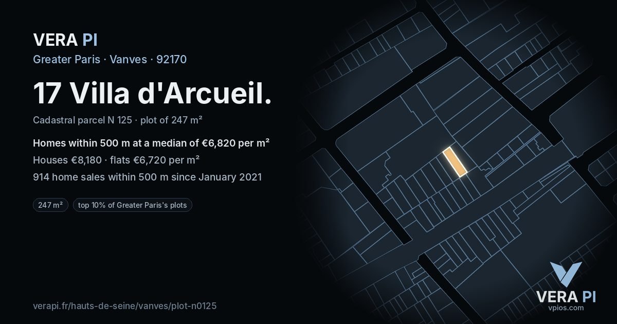 17 Villa d'Arcueil, Vanves at night – the plot lit, the parcels around coloured by the prices near them